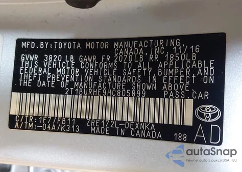 2017 Toyota Corolla Le из США, поврежденный, VIN 2T1BURHE9HC805899